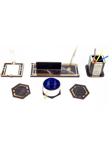 Luxury Retro Gold Kalemli Ataçlı Ahşap Masa Isimliği Bardak Altlığı Kalemlik Notluk Isimlik Masa Seti 1 Adet