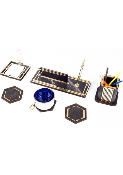 Luxury Retro Gold Kalemli Ataçlı Ahşap Masa Isimliği Bardak Altlığı Kalemlik Notluk Isimlik Masa Seti 1 Adet