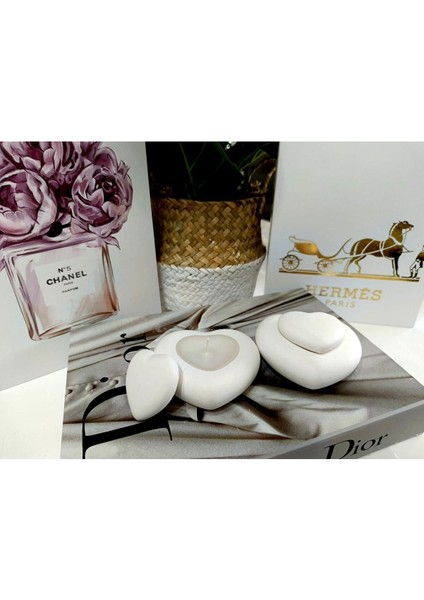 Luxury Kalp Şeklinde Taş Tozu Mumluk ve Takı Kutusu Seti - Dekoratif El Yapımı Hediye (2'li Set) 1 Adet