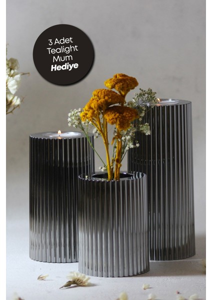 Luxury 3 Lü Füme Krom Tırtıklı Yüzey Mumluk Dekoratif Tealight Set Mum Abs Plastik 1 Adet
