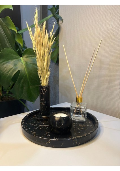 Luxury Dekoratif Beton Tepsi / Tütsülük- Kuru Bitki / Mumluk /oda Kokusu Seti Siyah Gold Mermer Desen 1 Adet