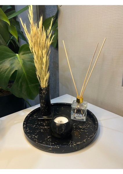 Luxury Dekoratif Beton Tepsi / Tütsülük- Kuru Bitki / Mumluk /oda Kokusu Seti Siyah Gold Mermer Desen 1 Adet