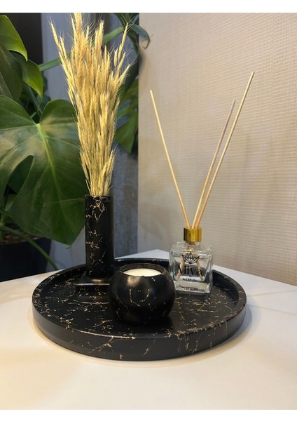 Luxury Dekoratif Beton Tepsi / Tütsülük- Kuru Bitki / Mumluk /oda Kokusu Seti Siyah Gold Mermer Desen 1 Adet