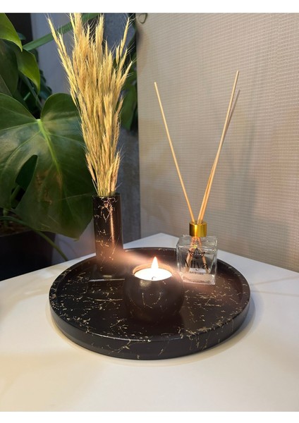 Luxury Dekoratif Beton Tepsi / Tütsülük- Kuru Bitki / Mumluk /oda Kokusu Seti Siyah Gold Mermer Desen 1 Adet