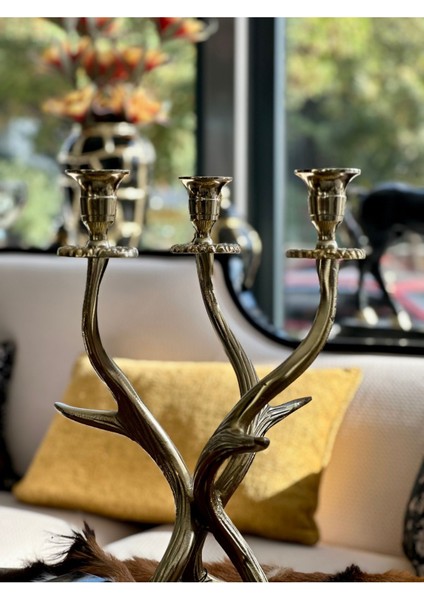 Luxury Gold 3 Kollu Dallı Şamdan 1 Adet