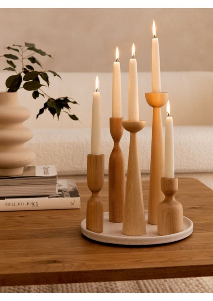 Luxury Naturel Vernikli 5'li Ahşap Şamdan Seti – 11CM, 14CM, 18CM, 20CM, 25CM Dekoratif Mumluk 1 Adet