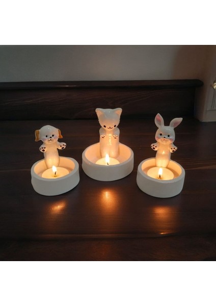 Luxury Dekoratif Ateş Başında Isınan Kedi Köpek ve Tavşan Tealight Mumluk 1 Adet