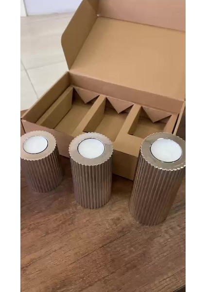 Luxury Krom Kaplama 3 Lü Krom Tırtıklı Yüzey Mumluk Dekoratif Tealight Set Mum Hediyeli 1 Adet