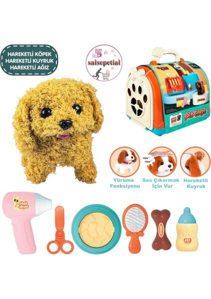 Luxury Sesli Yürüyen Köpek Taşıma Çantalı Aksesuarlı Set - Kafesli Taşınabilir Çantalı Yürüyen Köpek Set 1 Adet