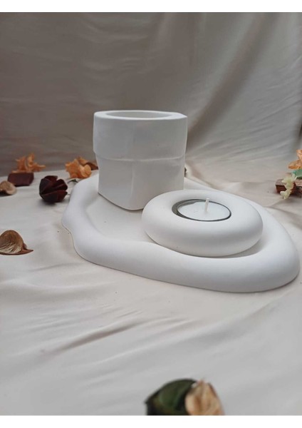 Luxury El Yapımı Saksı,mumluk,tepsi 3lü Set(Mini Mum Hediye)Ev Dekorasyon 1 Adet