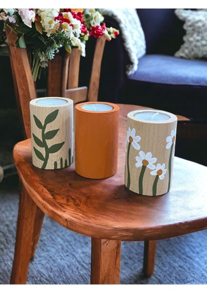 Luxury Üçlü Ahşap Tealight Mumluk, El Boyaması Bohem Mumluk 1 Adet