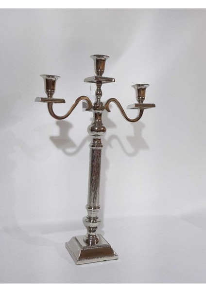 Luxury RW114 Kare Ayaklı Gümüş Üçlü Mumluk 40 cm Şamdan 1 Adet