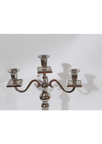 Luxury RW114 Kare Ayaklı Gümüş Üçlü Mumluk 40 cm Şamdan 1 Adet
