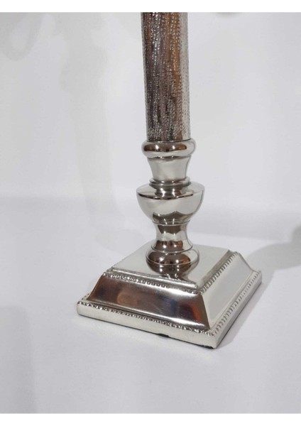 Luxury RW114 Kare Ayaklı Gümüş Üçlü Mumluk 40 cm Şamdan 1 Adet