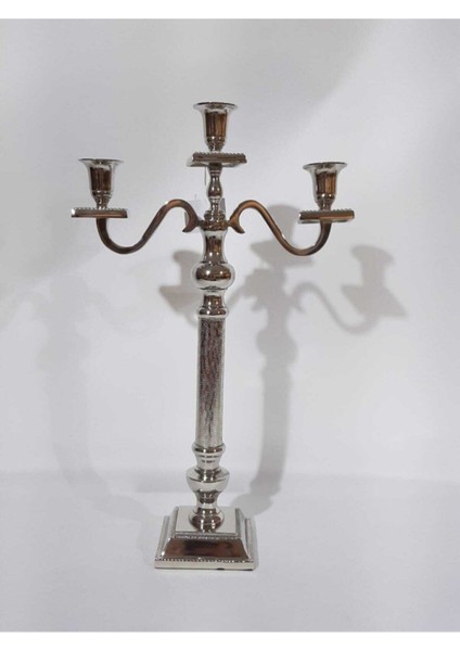 Luxury RW114 Kare Ayaklı Gümüş Üçlü Mumluk 40 cm Şamdan 1 Adet