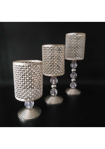 Luxury 3 Lü Salon Şamdan Mumluk Set -Gümüş 1 Adet