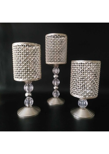 Luxury 3 Lü Salon Şamdan Mumluk Set -Gümüş 1 Adet