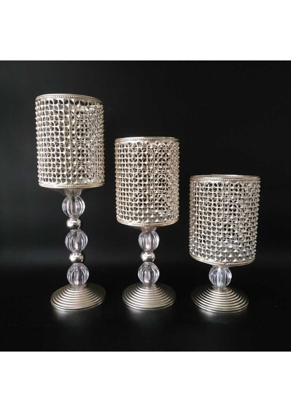 Luxury 3 Lü Salon Şamdan Mumluk Set -Gümüş 1 Adet