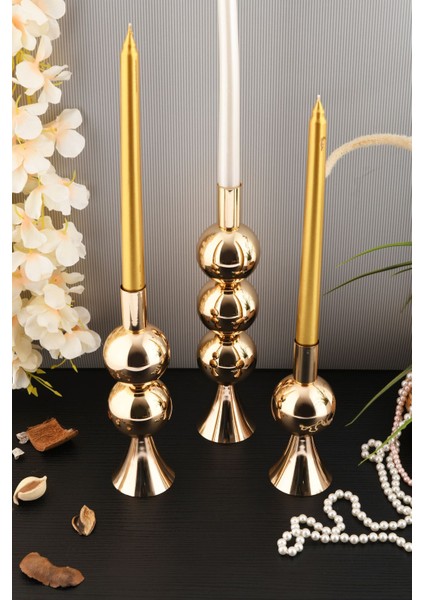 Luxury Elit 3'lü Şamdan Seti Gold Renk Dekoratif Metal Mumluk 1 Adet modelleri