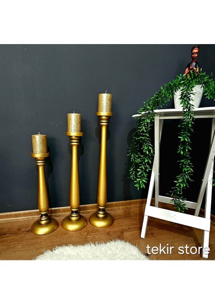 Luxury Ahşap 3 Lü Yer Şamdanı Büyük Boy Antik Altın Rengi Dekoratif 40CM 50CM 60CM 1 Adet
