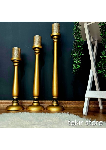 Luxury Ahşap 3 Lü Yer Şamdanı Büyük Boy Antik Altın Rengi Dekoratif 40CM 50CM 60CM 1 Adet fırsatları