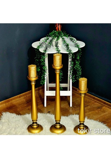 Luxury Ahşap 3 Lü Yer Şamdanı Büyük Boy Antik Altın Rengi Dekoratif 40CM 50CM 60CM 1 Adet indirimleri
