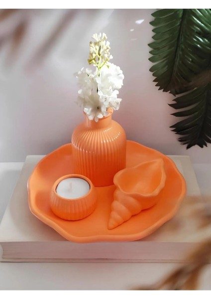 Luxury Dekoratif Vazo Seti Obje Seti Pampas Vazo,mumluk,deniz Kabuğu,bulut Tabak Pastel Turuncu Renkte. 1 Adet