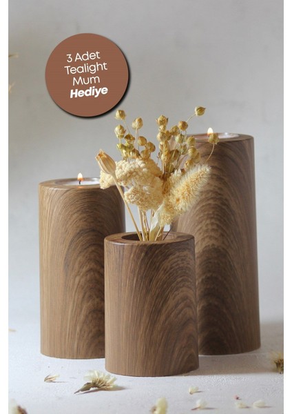 Luxury 3 Lü Ahşap Kaplama Yüzey Mumluk Dekoratif Tealight Set Mum Abs Plastik 1 Adet