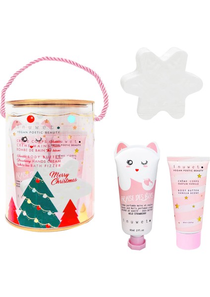 Silindir Kutulu Yılbaşı Seti - Çilek Kokulu El Kremi 60ML, Vanilya Kokulu Vücut Losyonu 60ML ve Kar Tanesi Şeklinde Banyo Topu