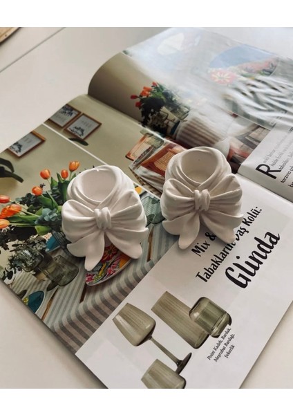 Luxury Beyaz Kurdele Şamdan , Beyaz Fiyonk Şamdan , Workshop Şamdan 1 Adet