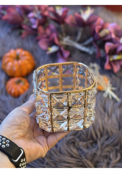 Luxury Dikdörtgen Kristal Taşlı Tea Light Mumluk 1 Adet