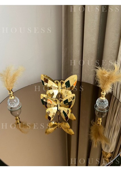 Luxury Dekoratif 2'li Gold Kelebek ve 2 Adet Gold Tüylük Biblo Süs 1 Adet