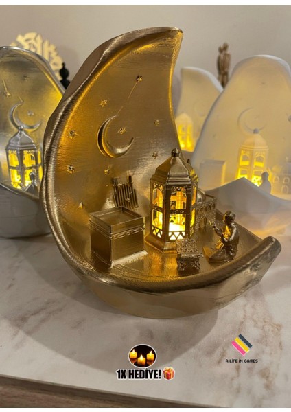 Luxury Ramazan Kabe Namaz Temalı Ay Şehri - Rahleli LED Işıklı Fanos | Şık Modern Dekor Bayram Süsü 15CM 1 Adet