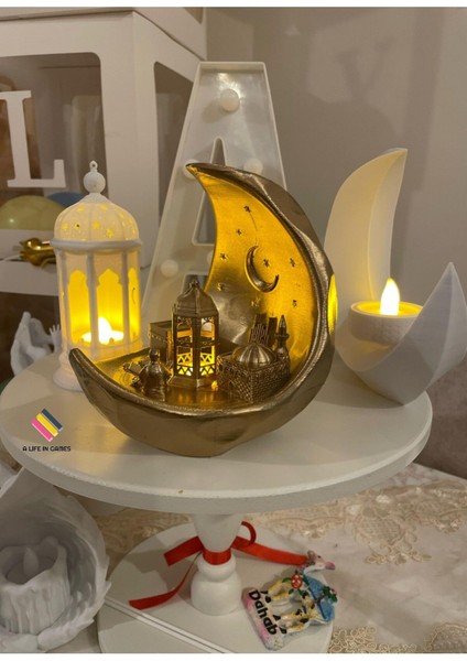 Luxury Ramazan Kabe Namaz Temalı Ay Şehri - Rahleli LED Işıklı Fanos | Şık Modern Dekor Bayram Süsü 15CM 1 Adet modelleri