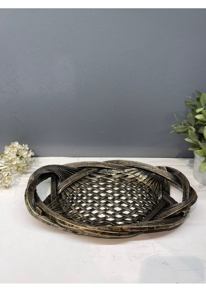 Luxury Dekoratif Polyester Tekli Hasır Sunumluk Tepsi Gold Siyah Eskitme 1 Adet