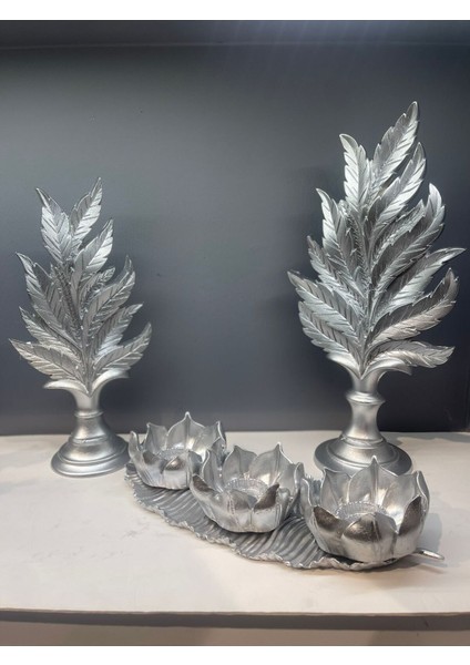Luxury Dekoratif Polyester Ikili Dik Yaprak ve Üçlü Mumluk Takımı Gümüş 1 Adet fiyatları