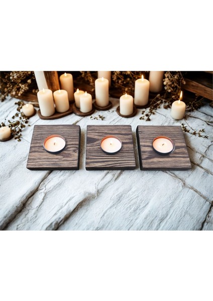 Luxury Üçlü Tealight Mumluk Masif Ahşap 1 Adet