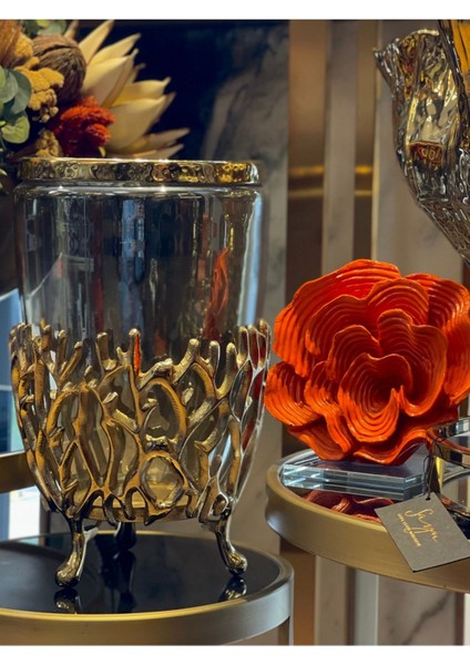 Luxury Gold Sarmaşık Detaylı Füme Cam Ithal Mumluk-Vazo 1 Adet
