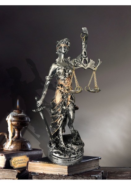 Luxury Heykel Biblo Adalet Terazisi Themis 20 Cm. Antik Gümüş & Antik Gold 1 Adet