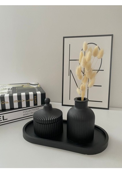 Luxury Çizgili Vazo, Takı Kutusu ve Tepsi Dekoratif 3’lü Set - Siyah 1 Adet