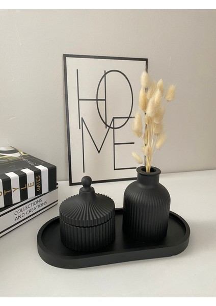 Luxury Çizgili Vazo, Takı Kutusu ve Tepsi Dekoratif 3’lü Set - Siyah 1 Adet fiyatları