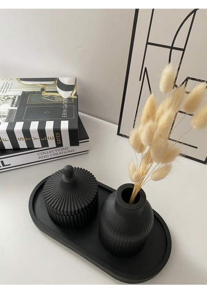 Luxury Çizgili Vazo, Takı Kutusu ve Tepsi Dekoratif 3’lü Set - Siyah 1 Adet modelleri