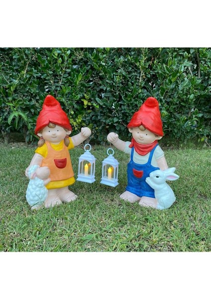 Luxury Fenerli Cuce Kız Erkek Çocuk 2li Set Ev Bahçe Heykel Biblo Aydınlatmali Obje 1 Adet