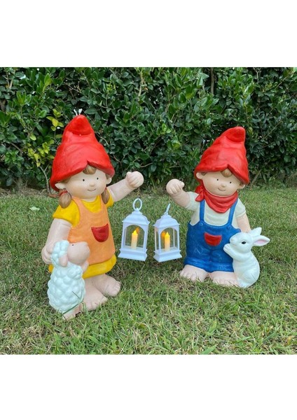 Luxury Fenerli Cuce Kız Erkek Çocuk 2li Set Ev Bahçe Heykel Biblo Aydınlatmali Obje 1 Adet