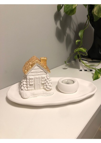 Luxury Dekoratif Beton El Yapımı Kıvrımlı Tepsi Gold Çatılı Ev Şeklinde Koni Tütsülük Tealight Mumluk Set 1 Adet