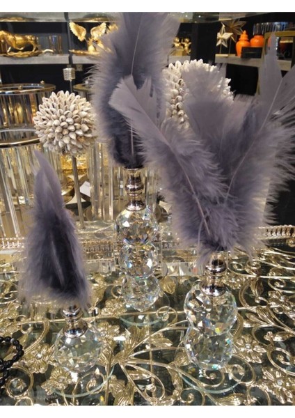 Luxury Dekoratif Tüy, Gri Füme - Gümüş Kristal Cam Tüylük, 3'lü Biblo Set 1 Adet