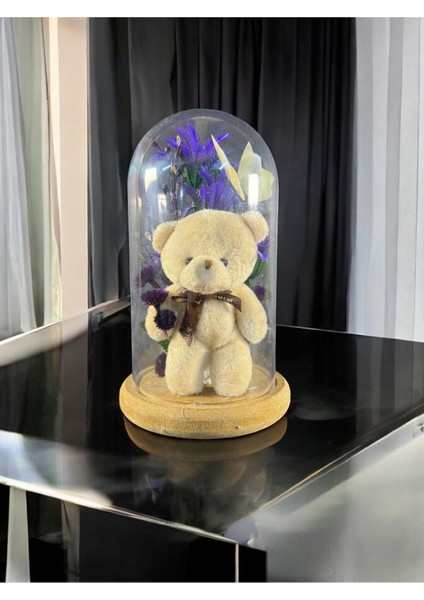 Luxury Cam Fanus Içinde Peluş Ayıcık ve Çiçek Detaylı Dekoratif Hediye 1 Adet modelleri