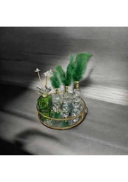Luxury 3 Lü Set Aynalı Tepsi & Kare Standlı Tüy & Koku Şişesi & Dekoratif Şık Tasarımlı Biblo 1 Adet