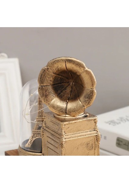Luxury Ahşap Antika Tasarımlı Dekoratif Gold Renk Gramofon ve Kum Saati Dekorasyon Ev Ofis Hediyelik Eşya 1 Adet