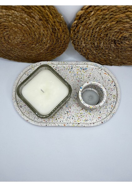 Luxury Kristal Kare Cam Özel Esanslı Soya Wax Detaylı Terrazzo Beton Tabaklı Set 1 Adet modelleri